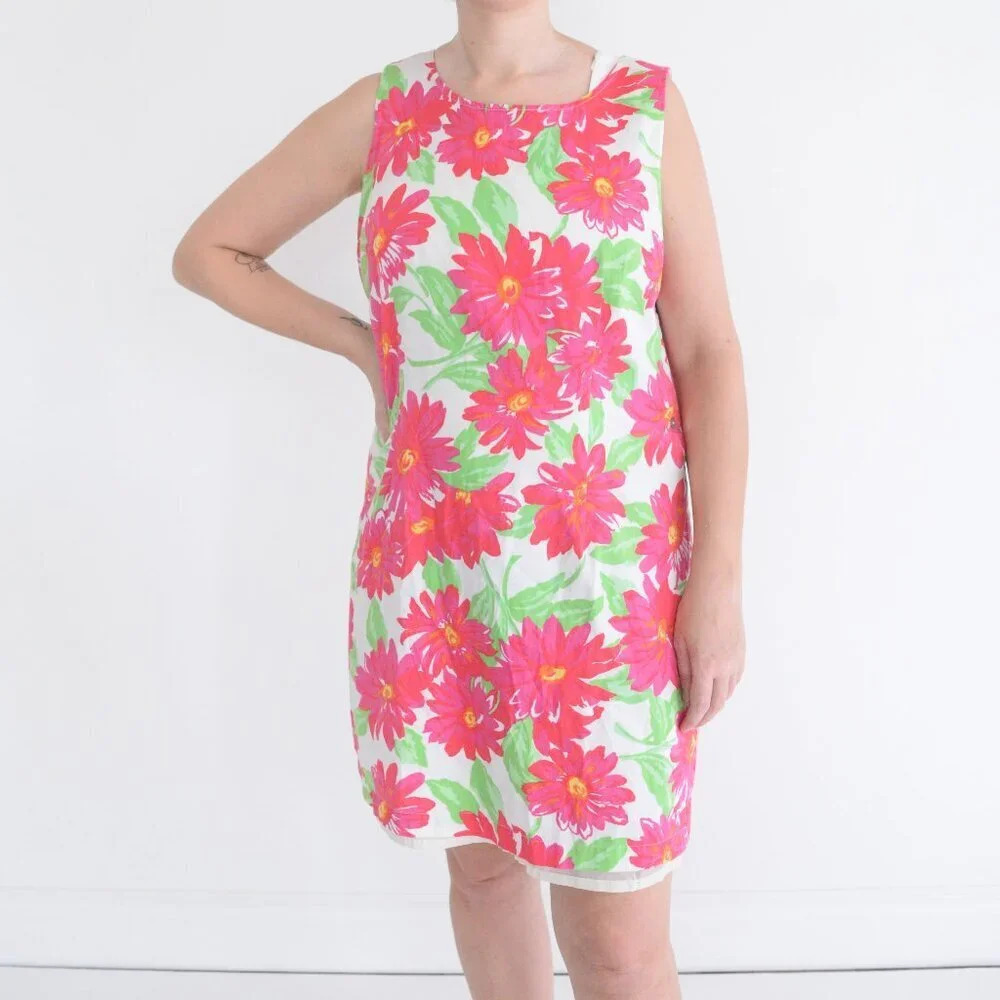 Vintage Merona Pink Green Daisy Floral Print Garden Button Cottage Midi Dress L